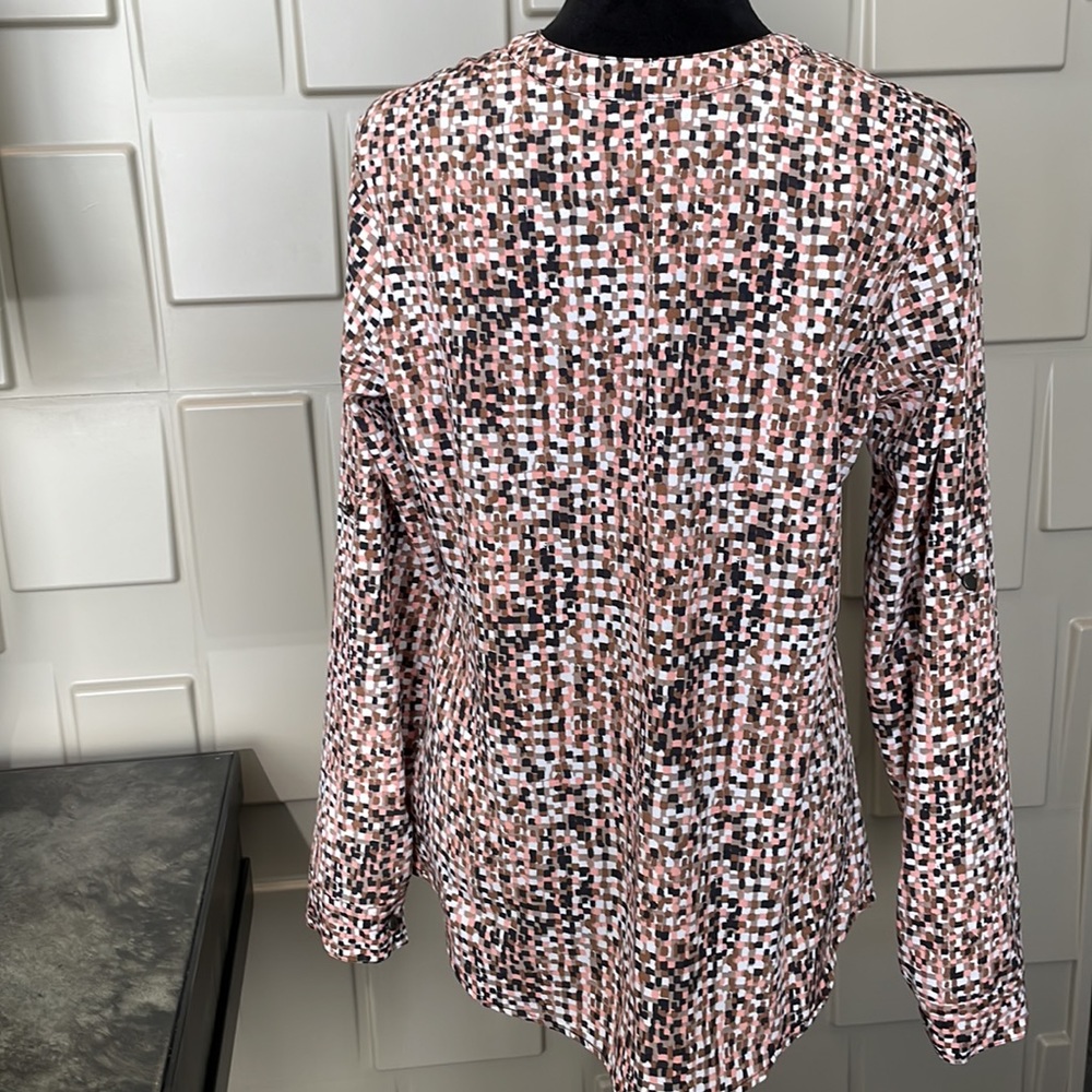 Laura Scott blouse top shirt peach white brown black long sleeve Size Small - Picture 8 of 8